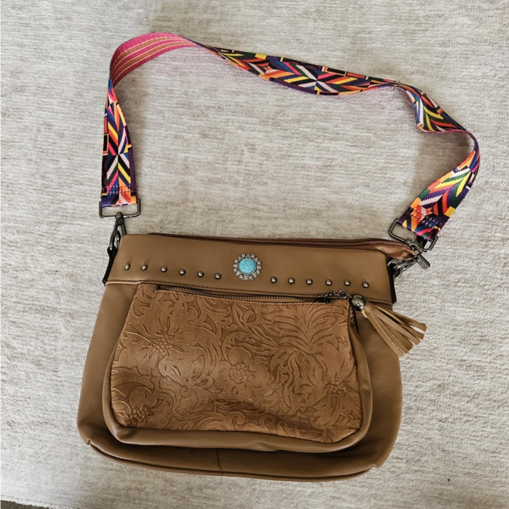 Stylish Tan Shoulder Bag with Colorful Strap